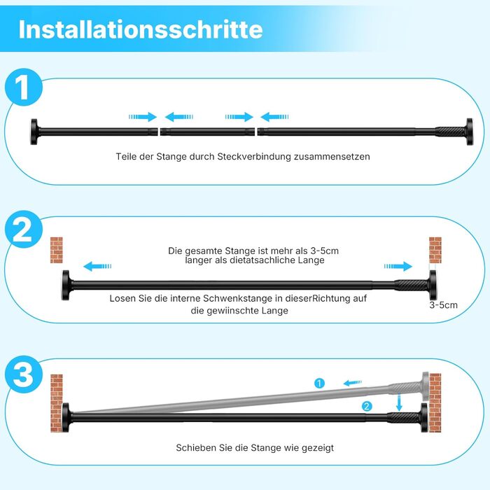 Штанга для карнизи без свердління, 100-230 см, регульована телескопічна штанга для душу, вікна та балкону (діаметр 25 мм, чорний)