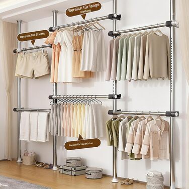 Телескопічна система для гардеробу: розширювана штанга для одягу з 6 штангами та 2 гачками, регульована полиця 110-300 см, для дому та магазину одягу, білий (срібний)