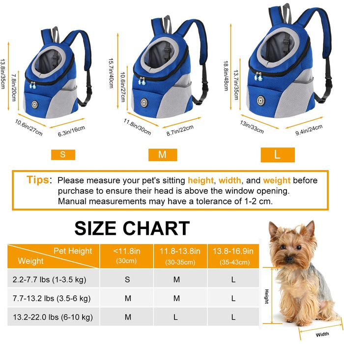 Шлейка для собак та цуценят, переноска-рюкзак, блакитна (L)