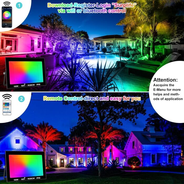 T-SUNUS LED Flood Light Outdoor 100W, Super Bright Outdoor Floodlight Cool White Spotlight IP66 Waterproof 11000LM for Driveway Garage Hallway Garden 2 Pack (1 Piece, 100w-wifi)