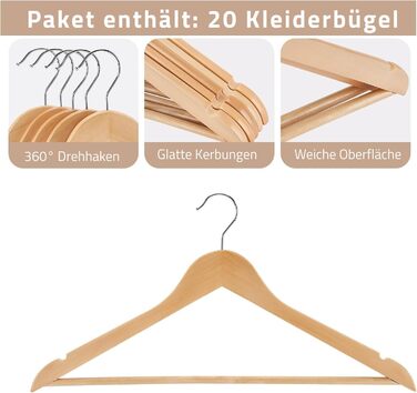 Набір дерев'яних вішалок 20 шт. – Преміум вішалки з масиву дерева з перекладиною для штанів, затискачами та 360° гачком для костюмів, сорочок та курток