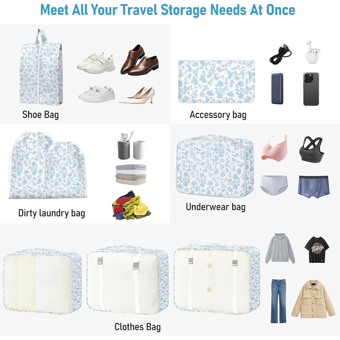 Органайзер для валізи, набір 10 шт. Packing Cubes для подорожей, аксесуари для валізи, органайзери для одягу, косметичка, набір для подорожей (Блакитний квітка)