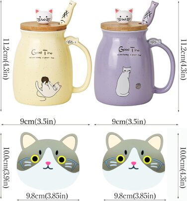Set of 2 Cat Mugs - Cute Ceramic Coffee Cups in a Set of 2 with Bamboo Lid and Spoon. Novelty Morning Cup Coffee, Milk, Tea Cups - 3D Cat Animal Mugs for Cat Lovers (Purple and Yellow)