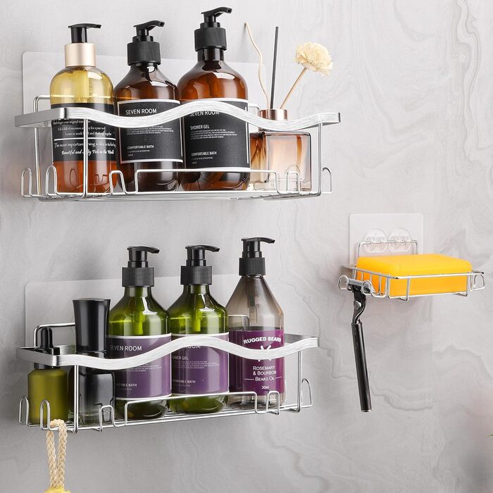 ALOCEO Shower Shelf - 3 Piece, Rustproof Shower Organizer, Shampoo Holder for Shower, Silver