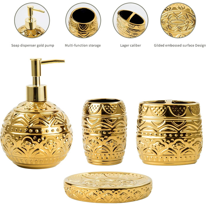 Набір аксесуарів для ванної кімнати, 4 шт. з золотим декором: мильниця, дозатор для мила, стакан та тримач для зубних щіток