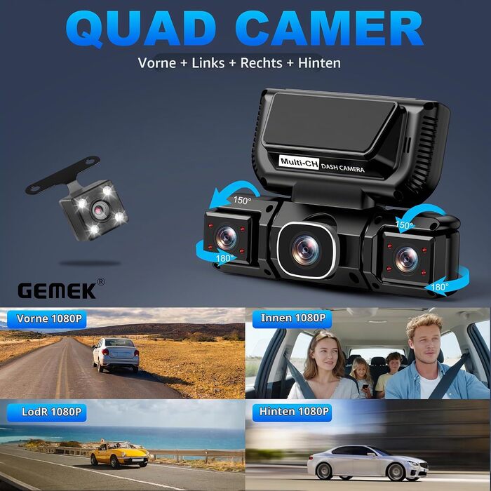 Автомобільний відеореєстратор GEMEK 4K/2K 360° огляду, 4-канальна Dashcam (передня, задня, ліва та права камери), 5G Wi-Fi, керування через додаток, G-сенсор, нічна зйомка, 3.16