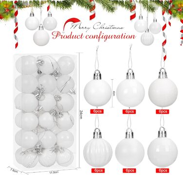 Набір прикрас на ялинку 36 шт, пластикові кулі 4 см, набір ялинкових прикрас для святкування, новорічний декор (білий)