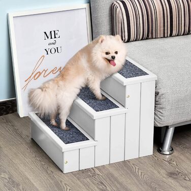 PawHut Pet Stairs 3 Steps Cat Stairs Pet Stairs Dog Stairs for Dogs and Cats Pet Stair Entry Aid with Carpet Storage for Sofa Bed Fir Wood 40.5 x 44.5 x 38 cm (White)