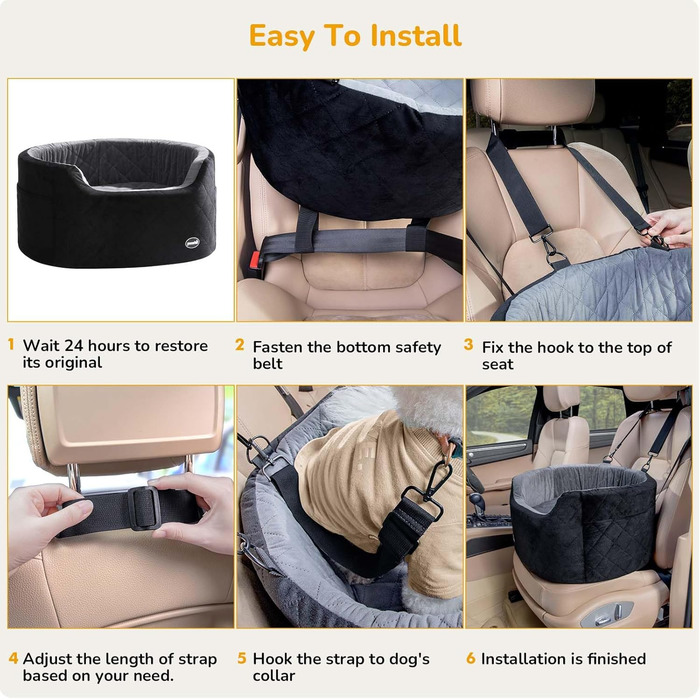 Dog Car Seat Backrest, Middle Seat, Less than 70 cm, Dog Bed for Car Back Seat with Thick Padding for Pet Travel, Waterproof and Washable, Dog Car Seat Backrest with 2 Safety Leashes (M, Black + Gray)