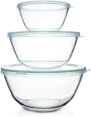 Luvan Glas Mixing Bowls with Lids 3-Piece Set (4.2 L, 2.5 L, 1 L), Large Round Salad Bowls for the Kitchen, ideal for Storing Food, Cooking, Baking, Preparing, Dishwasher Safe