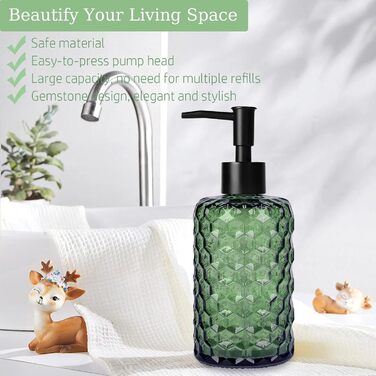 Скляний дозатор для мила 500 мл з хвильовим дизайном для ванної кімнати та кухні, з чорною пластиковою помпою, дерев'яними етикетками та воронкою (вугільний колір, зелений)