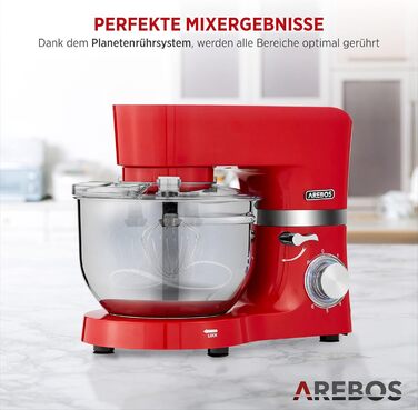 Кухонна машина Arebos 1500W з двома чашами з нержавіючої сталі 4.5 та 5.5L, 6 швидкостей | Міксер з набором насадок (крюк для тіста, міксер, вінчик) та захистом від бризок
