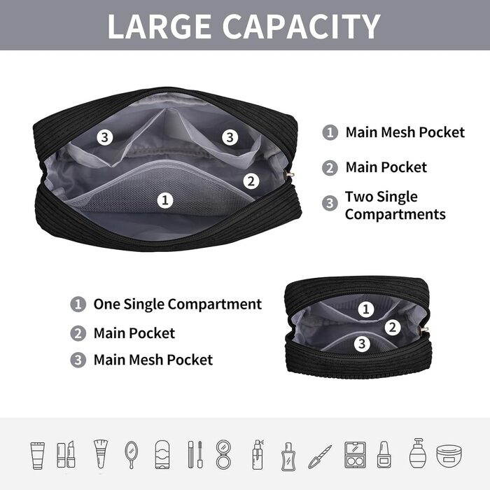 Косметичка MAGEFY для макіяжу: 2 шт. (бежева + чорна), з відділеннями, для подорожей, з корду, для жінок