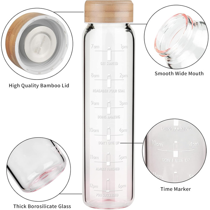 1 Liter Glass Water Bottle with Straw & Time Marker, 1L Motivational Glass Water Bottle with Protective Sleeve, Borosilicate Glass Bottle for Carbonated Drinks, Leak-Proof