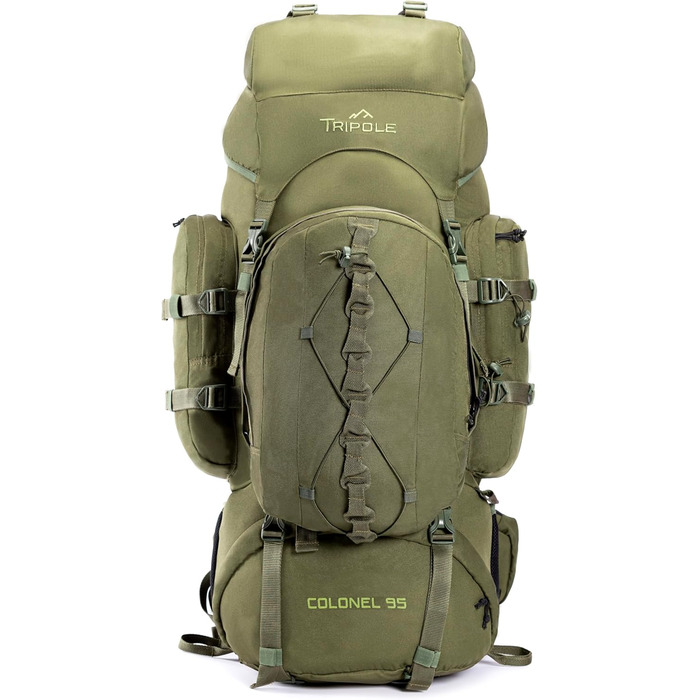 Tripole Rucksack from the Colonel Series with Internal Frame - Featuring Detachable Daypack and Rain Cover (95 Liters, Olive Green)