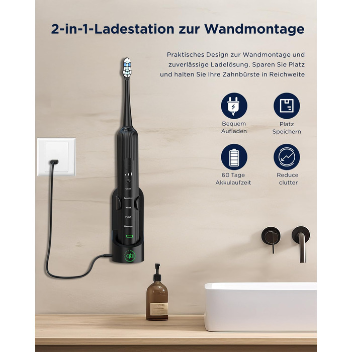 Електрична звукова зубна щітка для дорослих та дітей, 5 режимів чищення, 3 рівні інтенсивності, таймер, 8 насадок, чохол для подорожей, акумуляторна, чорний Obsidianschwarz