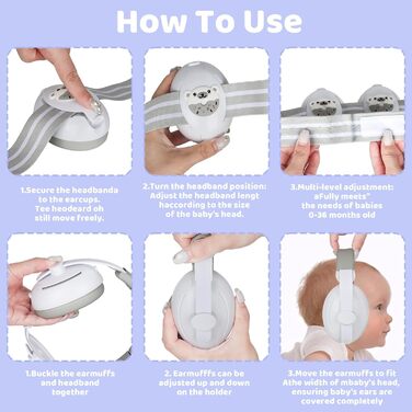 Навушники для захисту від шуму USHOP для немовлят 2-в-1, 25dB, регульоване антиковзне кріплення, до 48 місяців, м'які та легкі, запобігають пошкодженню слуху