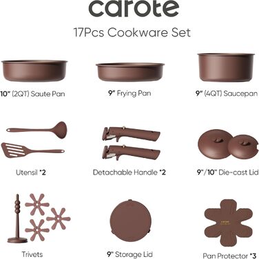Набір посуду CAROTE 17 предметів: каструлі та сковороди з антипригарним покриттям, знімні ручки, сумісний з індукцією, для духовки та посудомийної машини