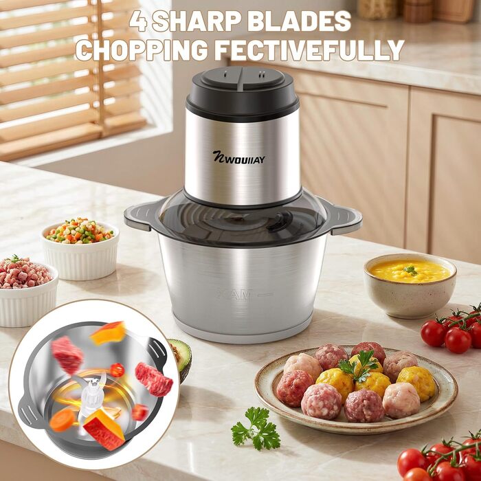 Електричний подрібнювач для кухні 2L з нержавіючої сталі. Подрібнювач для м'яса, овочів та цибулі з 4 лезами.