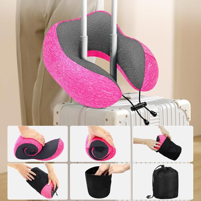 Подушка для шиї у літак - подушка для подорожей 100% Memory Foam - портативна подушка для літака - з 3D-маскою для сну та берушами - ідеальна для крісла літака, авто, дому, офісу, подушка для сну (Рожева)