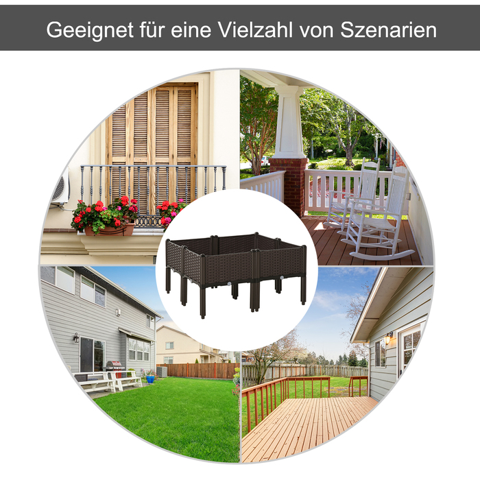 Outsunny Raised Garden Bed, 4-Piece Planting Box with Drainage Holes, Rattan-Look, DIY Brown, 40x40x44cm, ideal for garden and balcony