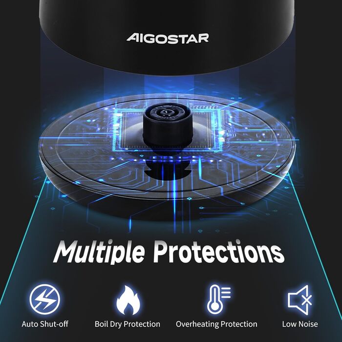 Електричний чайник Aigostar з нержавіючої сталі, чорний, 1.7 л, 2200 Вт - Швидкий кип'ятіння, подвійні стінки, без пластику, індикатор рівня води, автовимкнення, BPA-free, для кухні та офісу