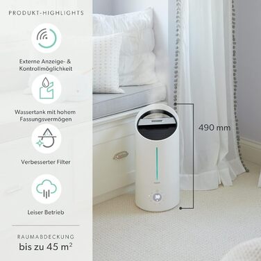 Leitz TruSens Ультразвуковий зволожувач повітря N-300, 45 м², з контролем вологості, для офісу, спальні та дитячої кімнати, 8 л, білий/сріблястий