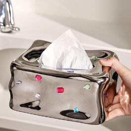 Tissue Box, Ceramic Tissue Box Cover, Car Tissue Holder, Tissue Dispenser, Cosmetic Tissue Dispenser for Bathroom, Home, Desk, Decoration (Silver)