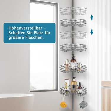 FIISAYL Shower Shelf No Drilling Telescopic Shower Rack Metal Corner Shelf Bathroom Shelf with 4 Shower Baskets, Height Adjustable 85-325cm, Suitable for Bathtub, Bathroom and Kitchen, Grey