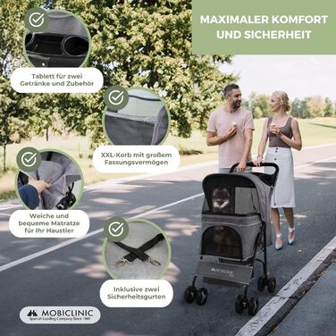 Mobiclinic® Pet Folding Dog Cart - 15kg Capacity, Small Dogs, Zuma Wheels with Brakes, XXL Storage Basket, 3 Zipper Windows & Mosquito Net, Cup Holder, Grey