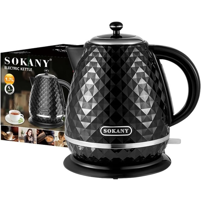 Електричний чайник SOKANY SK-1032, 2200W, 1.7L, з фільтром від накипу, автовимкненням, індикатором рівня води, поворотним підставою, чорний