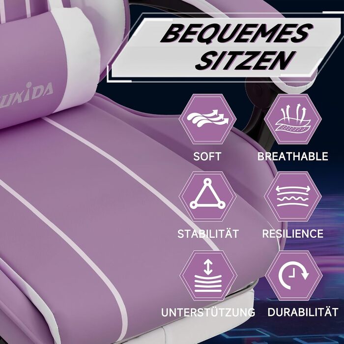 Ігрове крісло SUKIDA Ergonomic Gaming Chair з підставкою для ніг та підтримкою попереку, фіолетово-біле