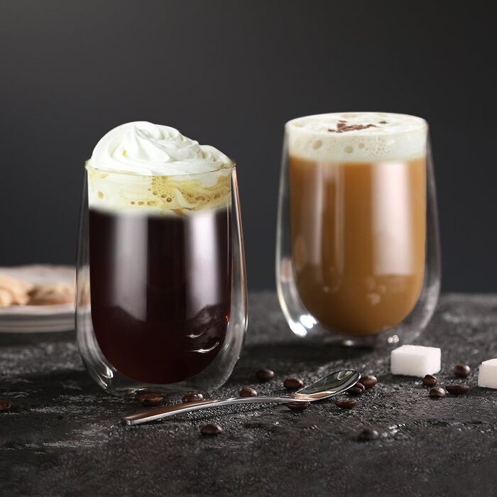 4-Piece Double-Walled Latte Macchiato Glasses, 350ml, Borosilicate Glass Coffee Cups, Glass Coffee Glasses, Tea Glasses for Cappuccino, Latte, Tea, ICE, Iced Tea, Iced Americano, Milk, Juice, Beer