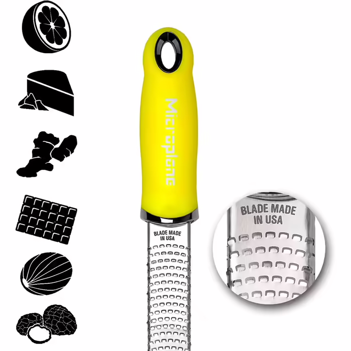 Терка Microplane для цитрусових, сиру, імбиру, шоколаду і мускатного горіха, неонова жовта, з дрібною лезом з нержавіючої сталі, виробництво США