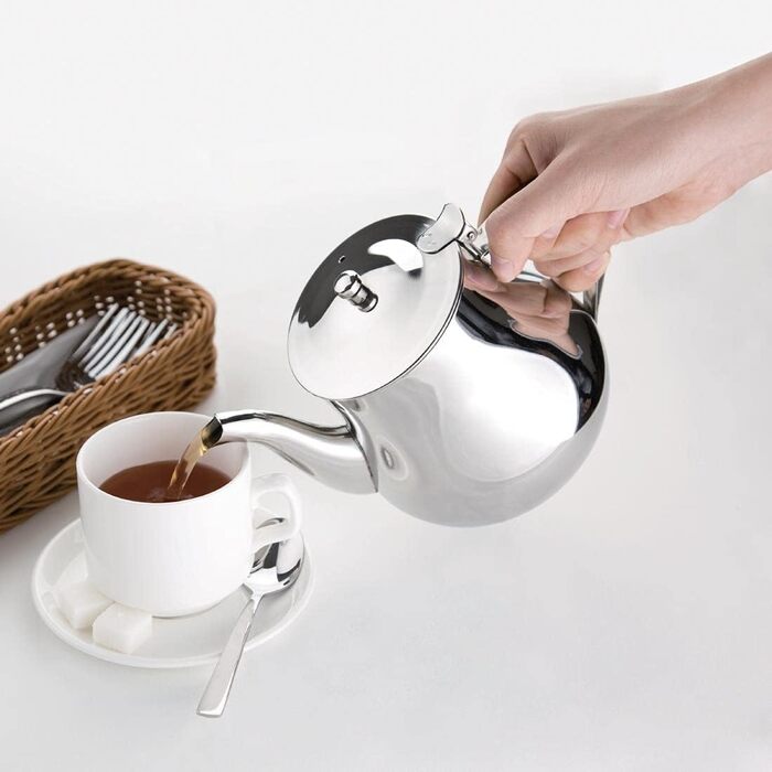 Olympia Stainless Steel Teapot 1 Liter/35 oz, Silver, High-Gloss Polish, Arabian Style Teapot, Heat-Resistant Handle, Hinged Lid, Drip-Free Spout - Commercial Cafe or Home Use, M982