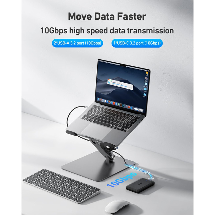 Підставка для ноутбука BENFEI з док-станцією USB-C 6-в-1: HDMI (4K@60Hz), Gigabit LAN, 100W Power Delivery, 10Gbps (1x USB-C 3.2 & 2x USB-A 3.2) – сумісна з MacBook Pro/Air, iPad Pro, XPS, ThinkPad