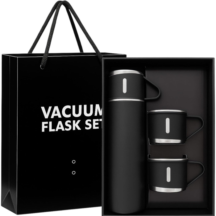 Термофляга 500 мл з нержавіючої сталі – 2 чашки з ручкою – без витоку, BPA-free – з щіткою для чищення – колір: чорний