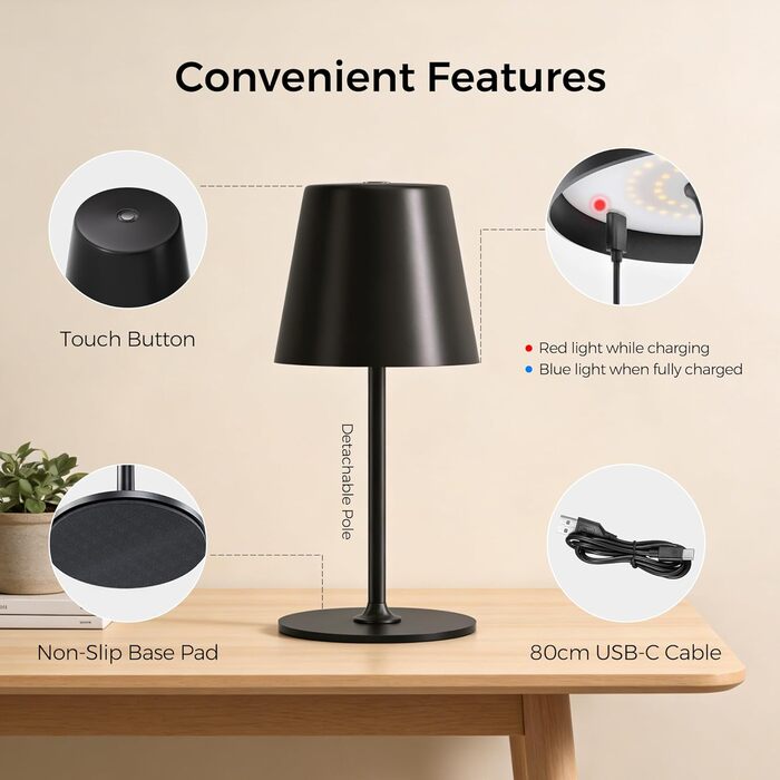 Світлодіодні настільні лампи бездротові 2 шт, димовані нічні лампи з сенсорним керуванням, акумуляторні, для приміщень та вулиці, 3 режими теплого світла, IP54 водонепроникні, металевий корпус, чорні