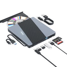 Зовнішній USB 3.0 CD/DVD-записувач Alxum з картридером SD/TF та додатковим USB-портом, Plug & Play для Windows, Linux, Mac OS, T039A