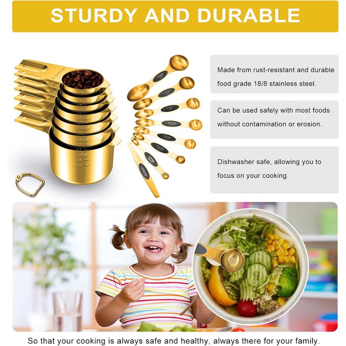 Gold-colored measuring cups and spoons, 15 pieces, 18/8 stainless steel, including 7 stackable metal measuring cups, 8 magnetic measuring spoons – ideal kitchen aids for cooking and baking