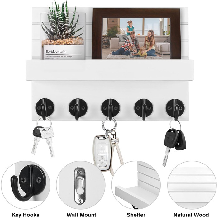 Дерев'яне ключниця на стіну з полицею, білий колір. 5 гачків для ключів, для прихожої, спальні, вітальні