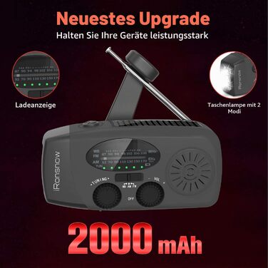 Сонячна радіостанція iRonsnow з ручним заводом, ліхтариком LED, 2000mAh AM/FM, USB зарядка, Powerbank, для походу, кемпінгу (Чорний)