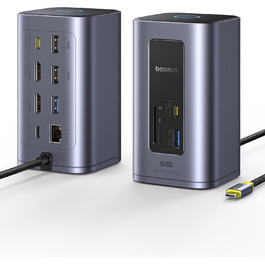 Базаус Док-станція USB-C 12-в-1 для ноутбуків Dell/HP/Lenovo/Asus/Acer/Mac: 2 монітори 4K HDMI, 10Gbps USB-C/A, 100W PD, Gigabit Ethernet