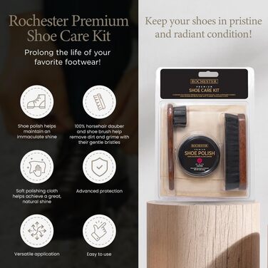 ROCHESTER Premium Shoe Care Set, Leather Shoe Care Kit with Black Shoe Cream, 100% Horsehair Dauber, 100% Horsehair Shoe Brush, and Soft Flannel Polishing Cloth, Shoe Accessories, Natural
