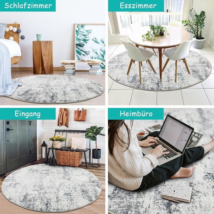 Capslpad Gray Abstract Rug Round ø135cm Washable Rug Living Room Modern Chic Non-Slip Rug Short Pile Soft Artificial Wool Modern Bedroom Rug for Living Room Dining Room Office Decor Gray 135x135cm
