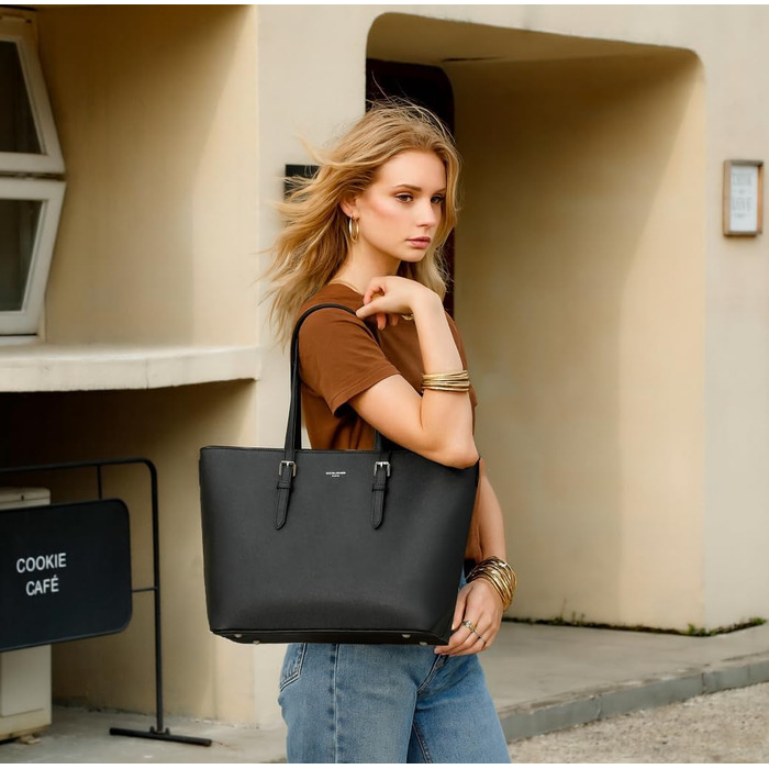 Сумка жіноча David Jones Shopper Tote Bag PU шкіра A4 для ноутбука, роботи, навчання, подорожей - чорна