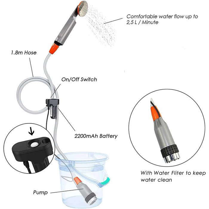 Портативна душова кабіна для кемпінгу Zooma з насосом, для відпочинку на природі та в саду, душ на вулиці, акумуляторна, оранжева (2 батареї)