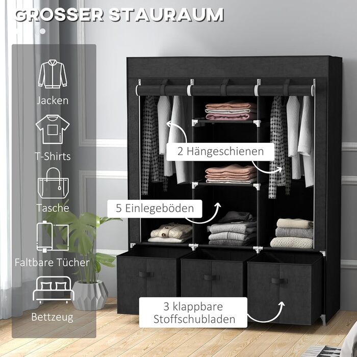 HOMCOM Fabric Wardrobe, Foldable Clothes Closet with Clothes Rod & Drawers, Folding Closet with Zipper, Fabric Closet for Bedroom, Black, 125 x 43 x 162.5