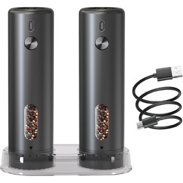 Electric Salt and Pepper Grinder Set, Rechargeable, Automatic Electric Pepper Grinder Set with Large Capacity 110ml, Externally Adjustable Coarseness, LED Light, and One-Hand Operation, Black