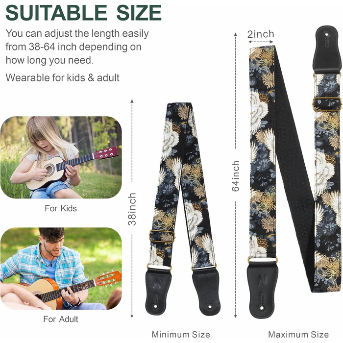 Японський гітарний ремінь Nefelibata з бавовни для акустичної гітари, укулеле, адаптер для голівки грифа в подарунок, медіатор та замок для ремінця. Регулювання від 38' до 64'. Дизайн: Хризантеми